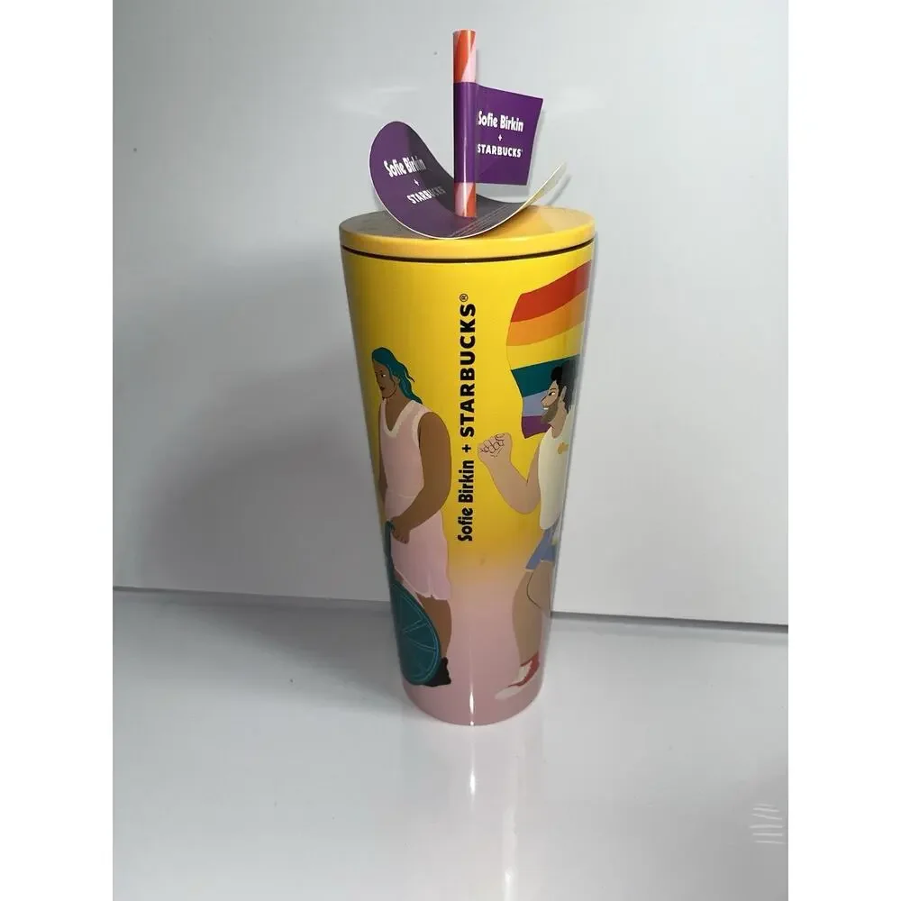 NEW Starbucks Sofie Birkin 24oz Yellow Pride Diversity Graphic Cold Cup Tumbler